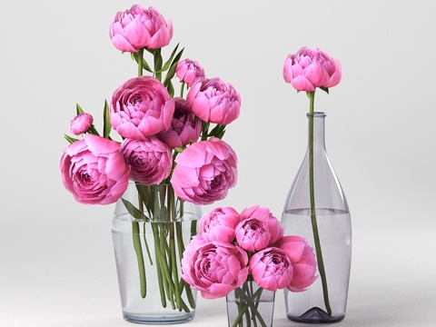  粉色牡丹花束插瓶。花卉组合3d模型 