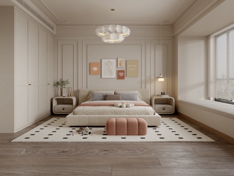  法式奶油风卧室3d模型 