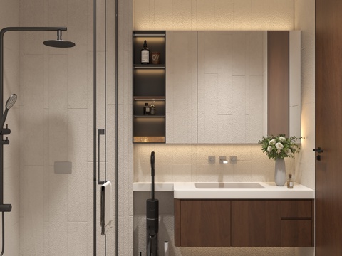 老钱风意式卫生间 现代浴室柜洗地机 现代浴镜饰品摆件 淋浴屏su模型