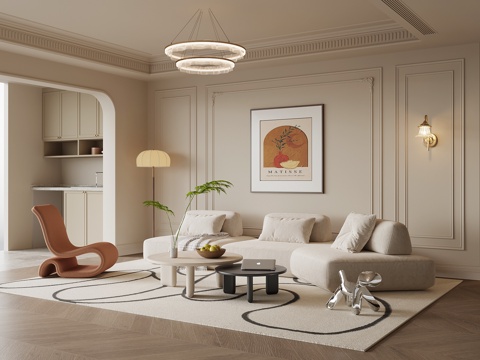  奶油风客厅3d模型 