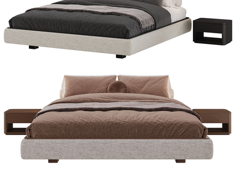  现代简约双人床 双人床 简约床 卧室床 抱枕 床垫3d模型 