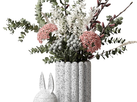  桉树与鲜花白瓷花瓶束3d模型 