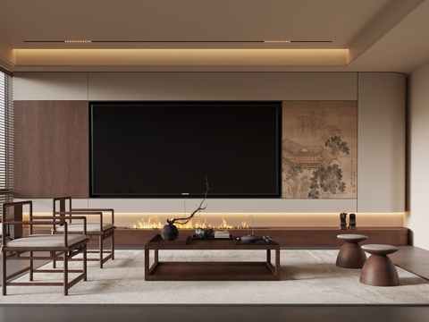  新中式客厅3d模型 