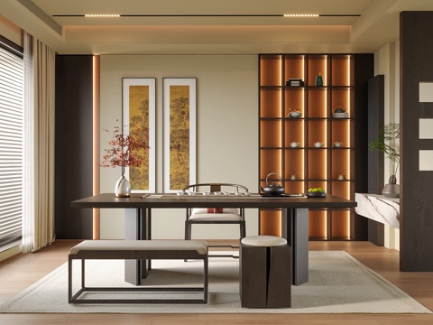 新中式茶室 书房 茶桌椅su模型