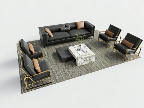 现代简约皮革沙发茶几组合 客厅家具 白色大理石茶几 黑色脚凳su模型