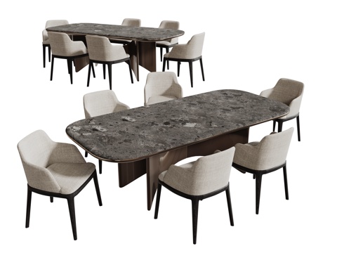 现代桌椅组合 餐桌组合 大理石餐桌 长桌 休闲桌椅su模型