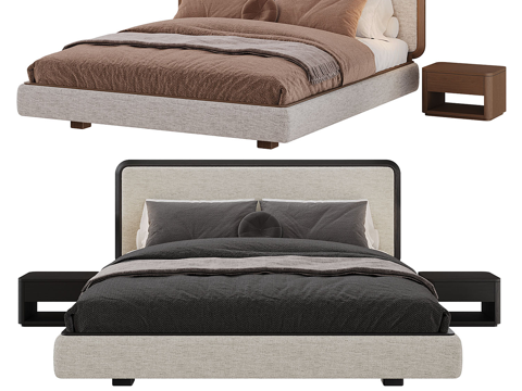  北欧简约双人床 双人床 简约床   床头柜3d模型 