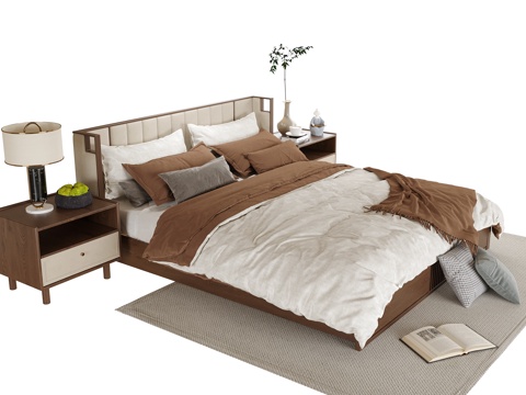 现代双人床 床头柜su模型