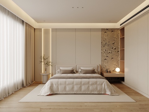 现代卧室 双人床su模型