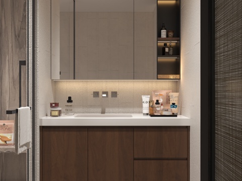  老钱风卫生间浴柜 新中式禅意卫生间 意式卫生间浴室柜 卫生间3d模型 