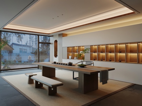 新中式茶室 茶桌椅 茶台su模型