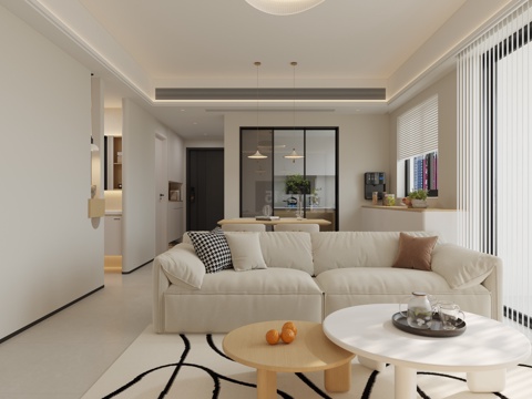  木色 奶油 客餐厅3d模型 