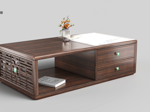  国潮新中式 轻奢新中式 国奢新中式 原木黑檀茶几 奢石茶几3d模型 