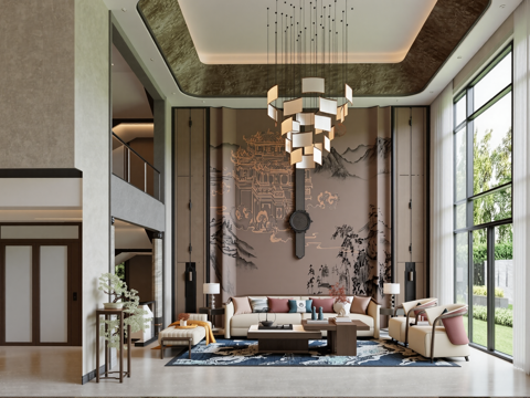 现代新中式客厅su模型