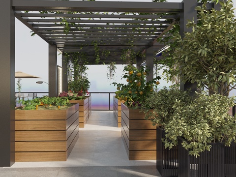  现代庭院花园景观 植物廊架 花园果树 花箱 爬藤植物 水果花3d模型 