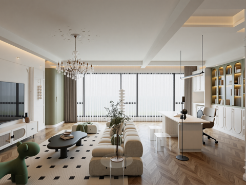 现代轻奢奶油客厅su模型