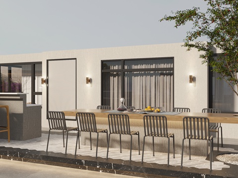  现代庭院花园景观 休闲景观 户外餐桌椅 吧台椅 吧椅 铁质餐3d模型 