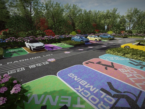 现代户外生态停车场体育运动公园停车场运动创意趣味停车位su模型