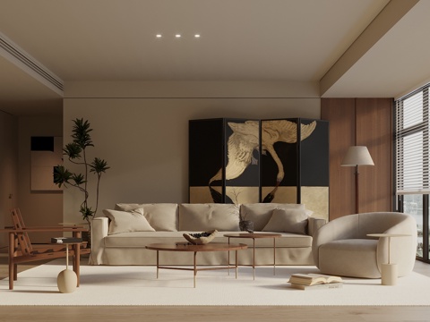  中古侘寂风客厅 沙发茶几组合 休闲椅 懒人沙发 落地灯 屏风3d模型 