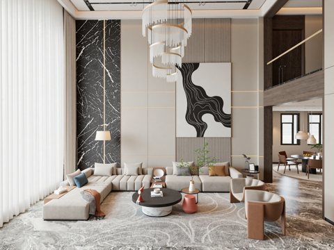 现代别墅客厅 挑高客厅su模型