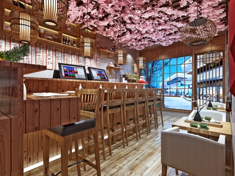  日式 日料店 餐馆 樱花 日式料理 吧台餐桌3d模型 