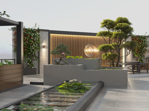  现代庭院花园景观 水系水景 围墙景墙 荷花睡莲组合3d模型 