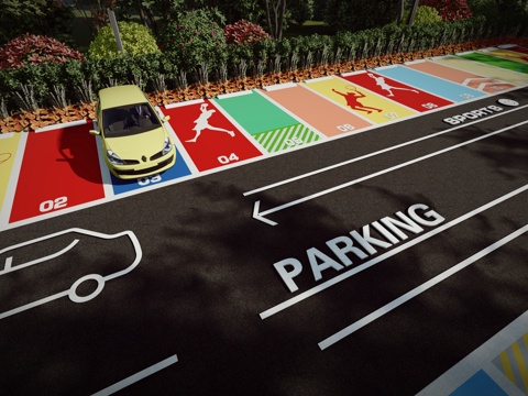现代户外生态停车场体育运动公园停车场运动创意趣味停车位su模型