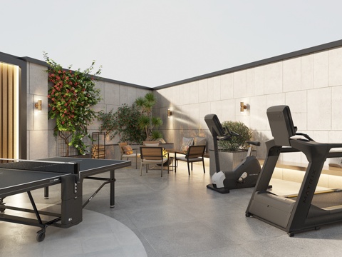  现代庭院花园景观 户外球台 跑步机 健身器材 休闲椅 卡座组3d模型 