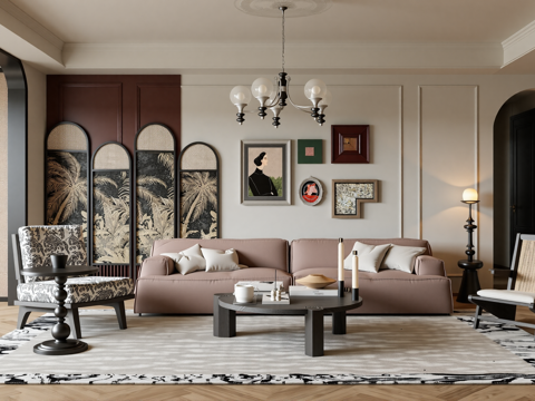 复古美式客厅su模型