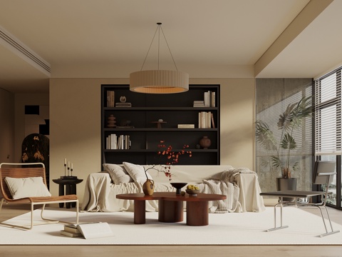  中古侘寂风客厅 沙发茶几组合 沙发背景墙 休闲椅 懒人沙发3d模型 