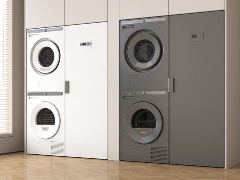 现代极简洗衣房 洗衣机 烘干机 洗衣机柜su模型