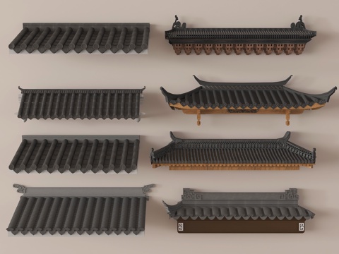 中式屋檐檐线 飞檐屋脊构件 瓦脊瓦片构件su模型
