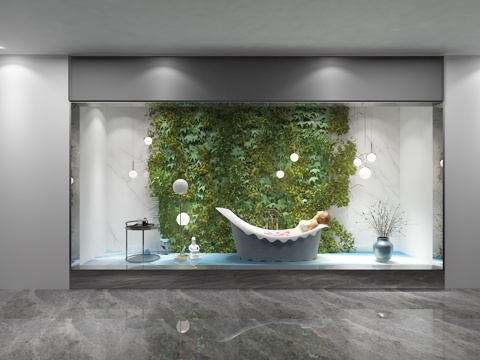  现代浴缸橱窗 植物墙 吊灯 浴缸人 桌几 插花 花瓶3d模型 