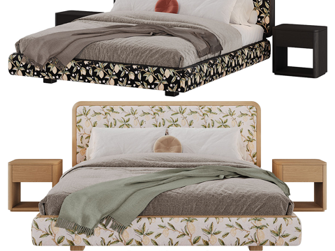  北欧简约双人床 双人床 简约床 卧室床 抱枕 床头柜3d模型 