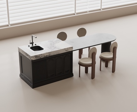  现代中岛水吧台 中岛实木餐桌 大理石水吧台 实木餐椅 水槽su模型 
