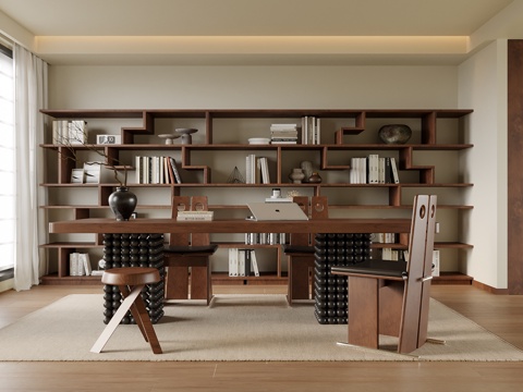 现代书房 书桌椅 书柜书架su模型