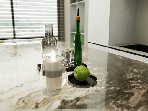 竖纹玻璃醒酒器  玻璃烛台 黑色托盘  绿色玻璃瓶 苹果su模型