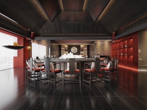  新中式餐厅包厢3d模型 