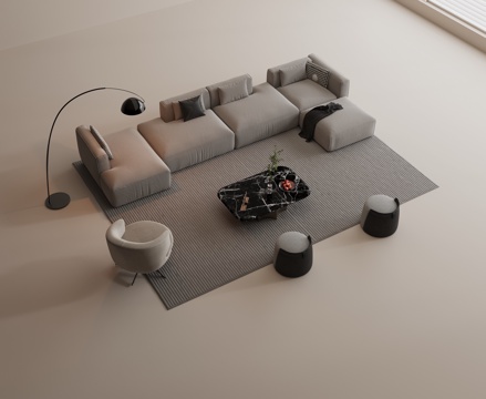  现代布艺沙发组合 多人布艺沙发组合 沙发椅 圆凳 大理石茶几3d模型 