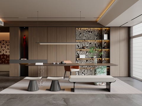 现代意式茶室 茶桌椅 吊灯 茶柜 装饰柜 地毯su模型