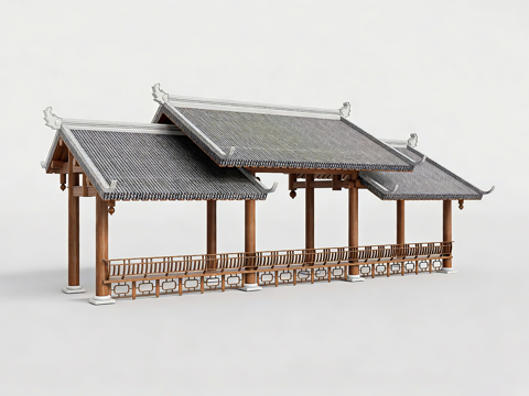 中式连廊 三连亭 组合亭廊 传统园林建筑 灰瓦坡屋顶 飞檐翘su模型