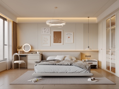 现代奶油风卧室 布艺双人床 床头柜 吊灯 挂画 梳妆台 地毯su模型