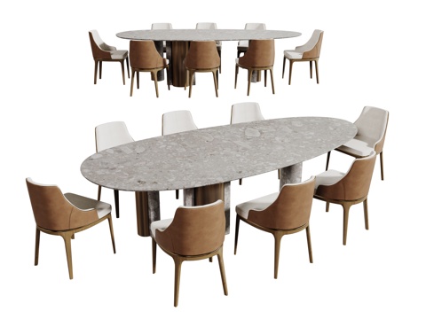 现代轻奢桌椅组合 餐桌组合 大理石餐桌 圆桌 休闲桌椅su模型