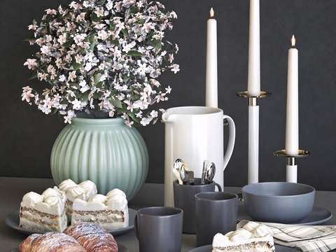  宜家餐具套装配牛角包与蛋糕3d模型 