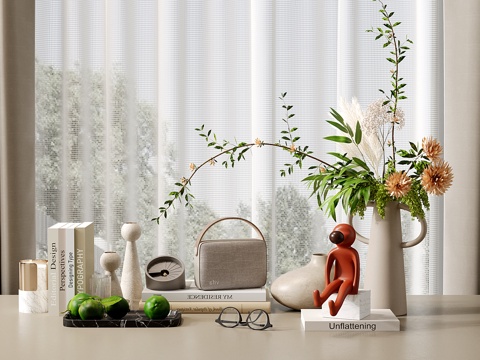 现代奶油饰品摆件 书籍 花艺 水果 雕塑su模型