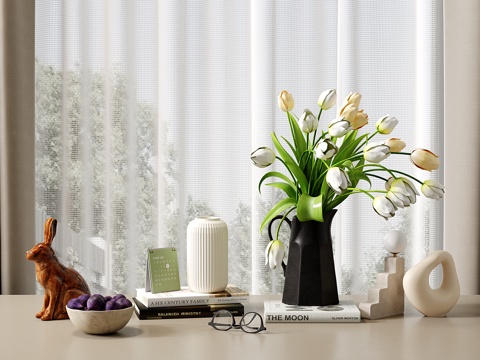 现代奶油饰品摆件 书籍 花艺 水果su模型