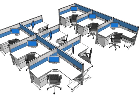  办公桌 工位 屏风卡位 办公椅su模型 