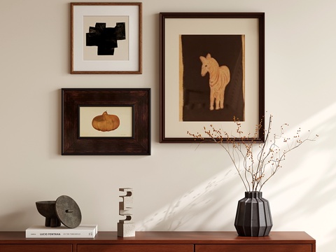 中古侘寂装饰画组合 动物画 抽象画 饰品摆件 花艺su模型