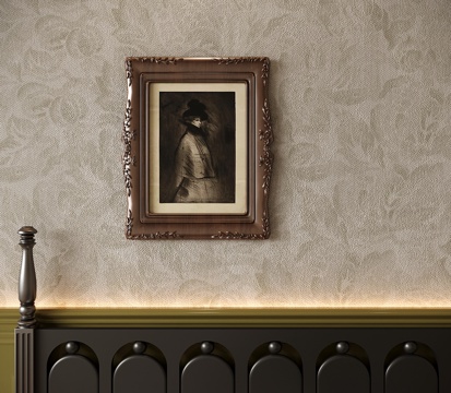  法式复古装饰画 挂画 实木画框 人物画 素描画su模型 