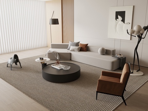 现代奶油风沙发茶几组合su模型